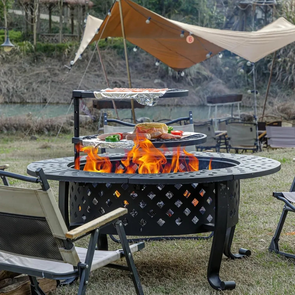 Outdoor Fire Pit With Dual Grills Lid And Poker System