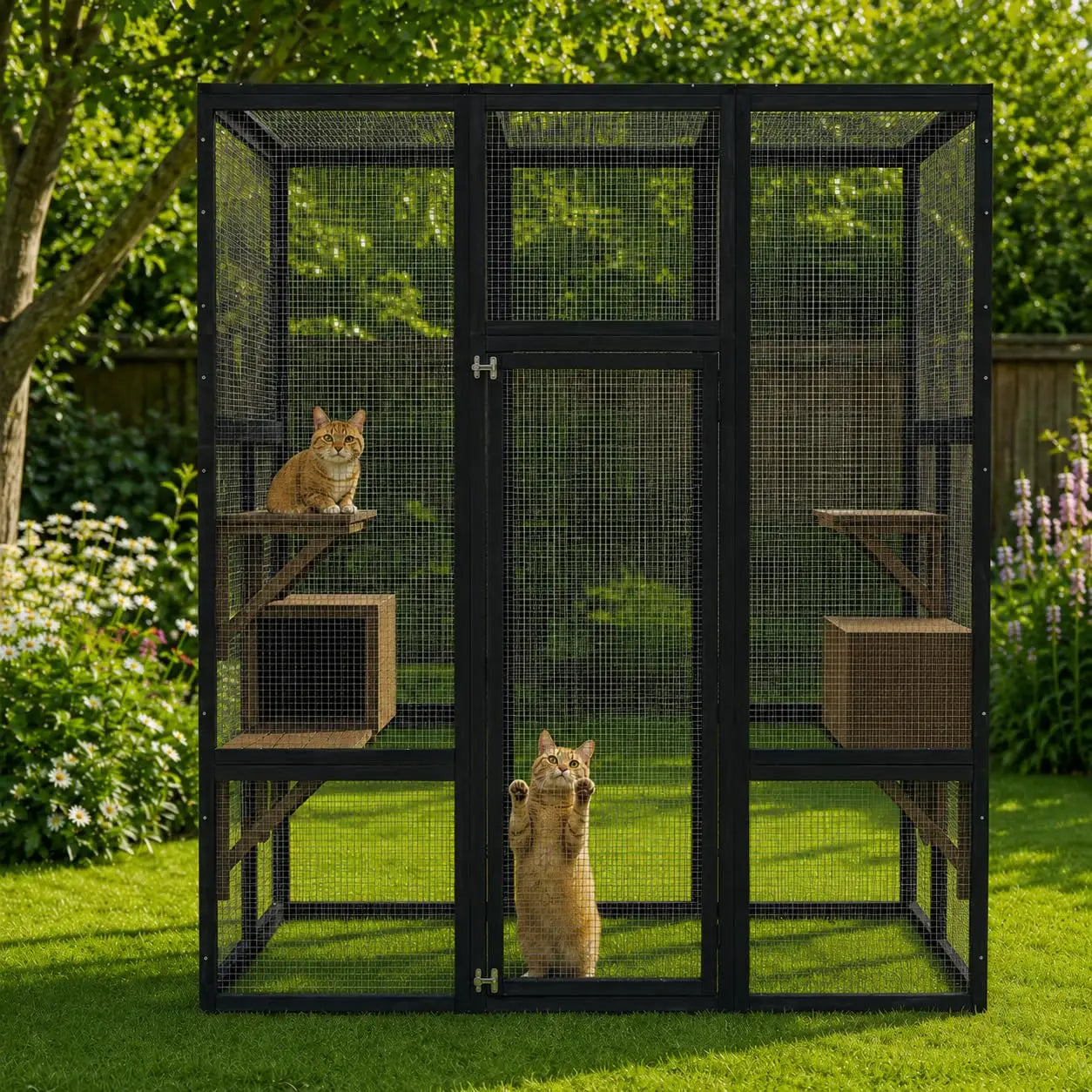 HiMiss Outdoor Wooden Catio With Waterproof Roof And Platform