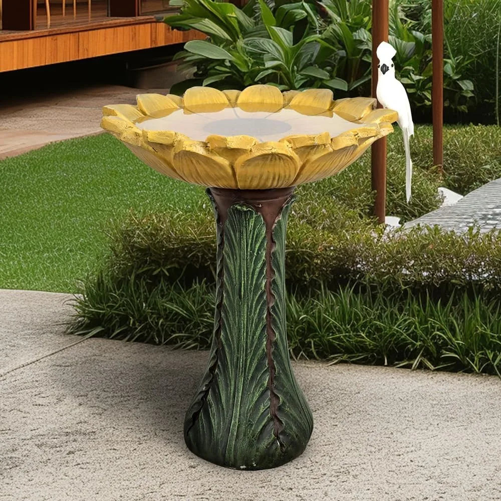 Concrete Outdoor Bird Bath With Sunflower Bowl And Leaf Pedestal