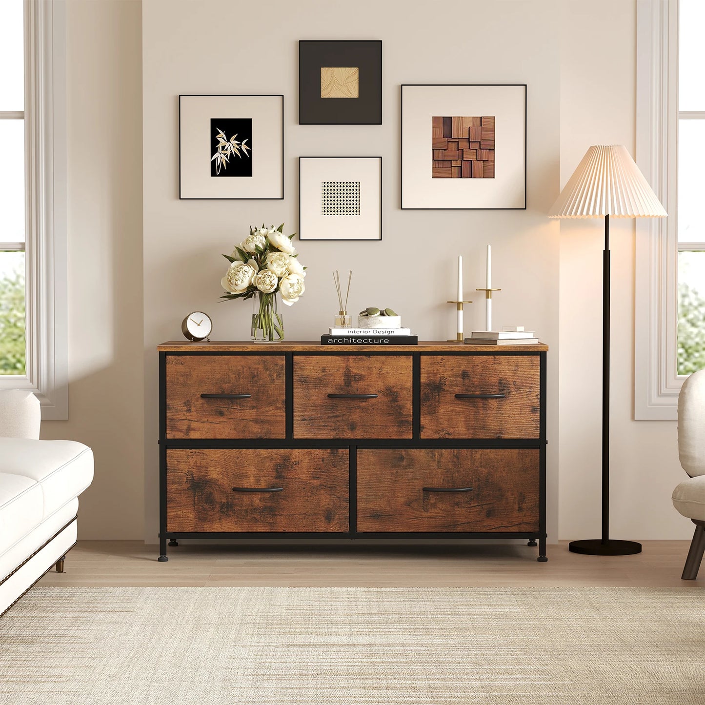MCQ Five Drawer Fabric Storage Tower Wooden Top Metal Frame