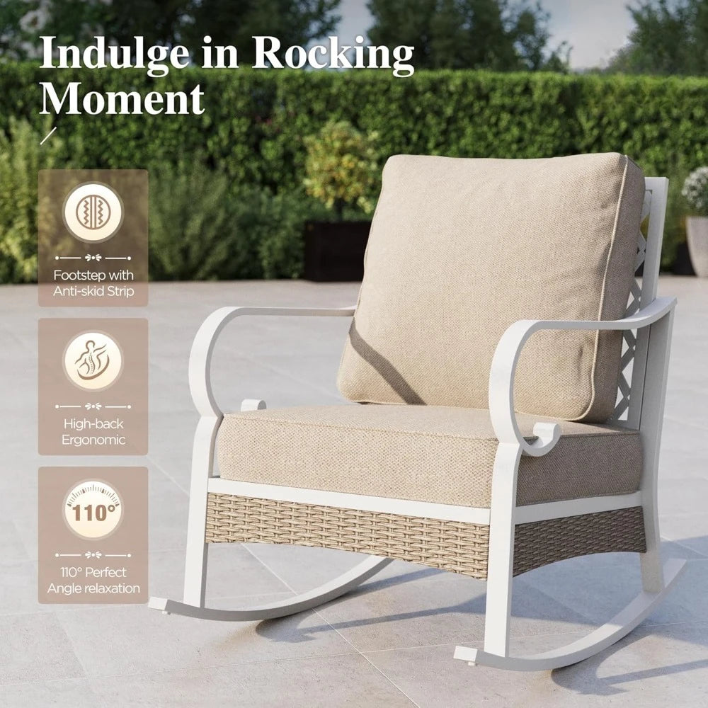 Outdoor 4-Piece Patio Set With Metal And Rattan Rocking Chairs And Marble Table