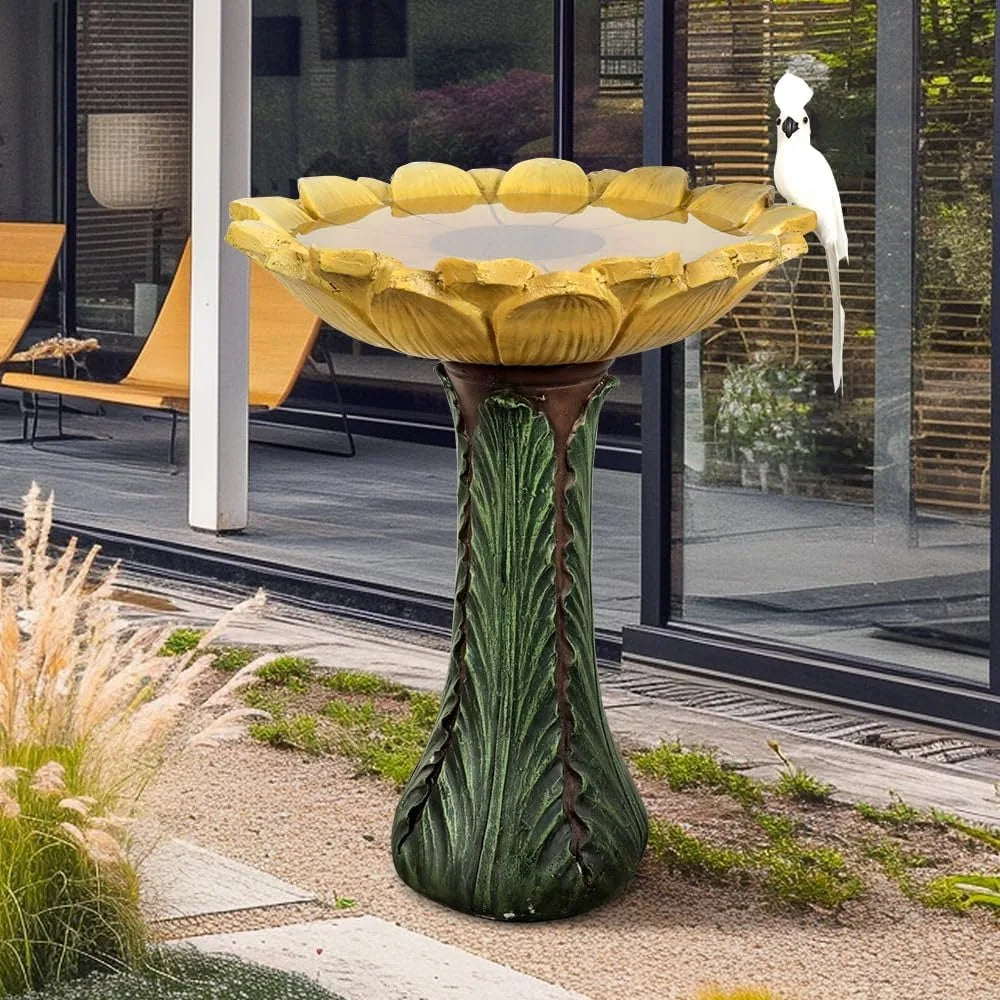 Concrete Outdoor Bird Bath With Sunflower Bowl And Leaf Pedestal