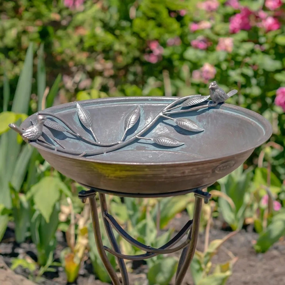 Metal Birdbath With Two Cast Iron Birds And Leaf Decoration