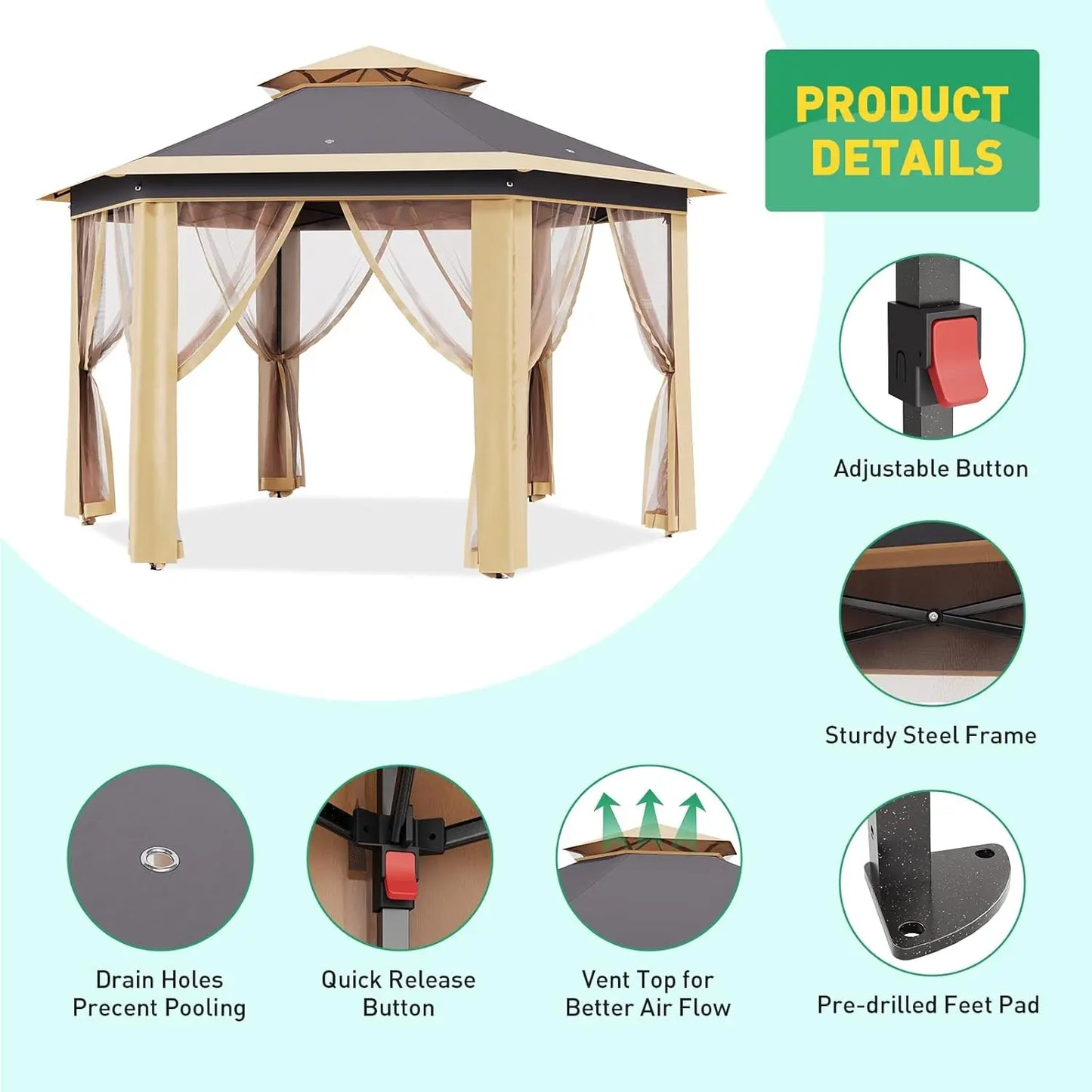 Heavy Duty Pop Up Gazebo Tent Mesh Windows Mosquito Netting