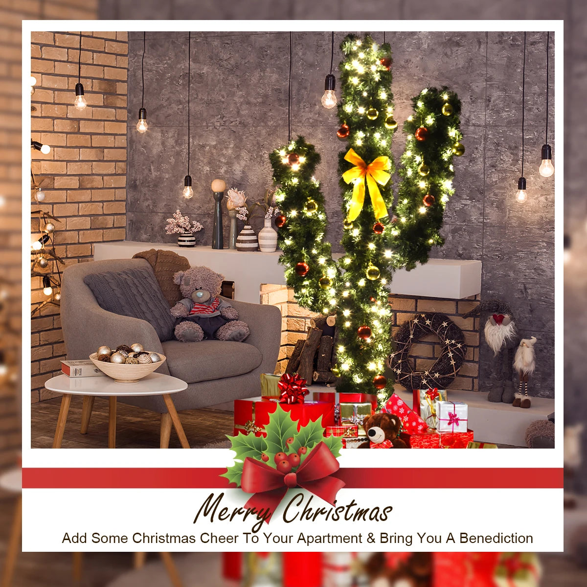 MULTIGOT Pre-Lit Artificial Cactus Christmas Tree With LED Lights