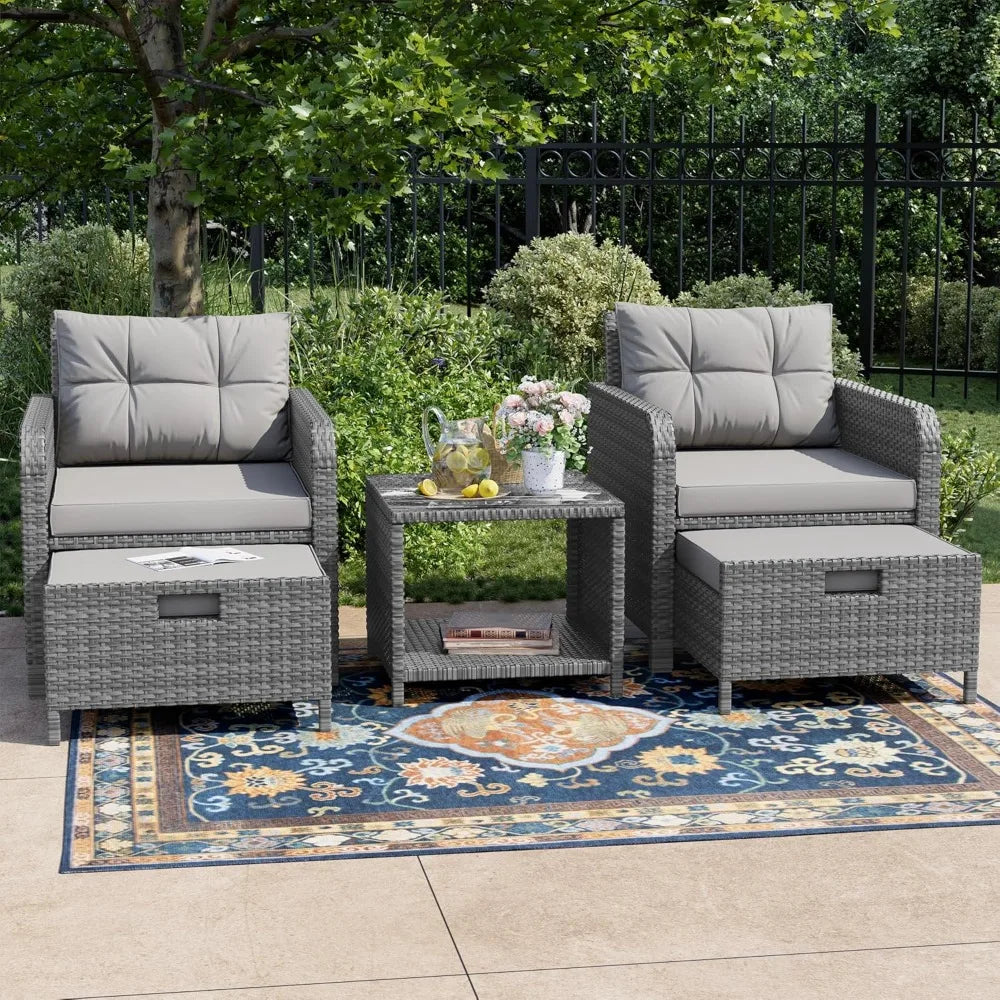 5 Piece Patio Conversation Set PE Wicker With Glass Table