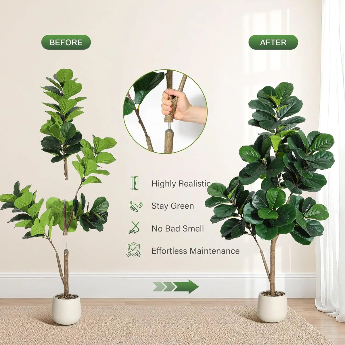 HiMiss Artificial Fiddle Leaf Fig Floor Tree With Planter