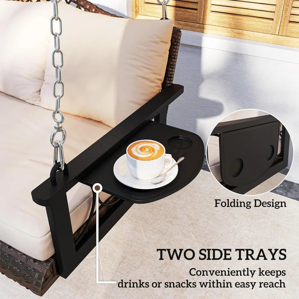 Three Person Wicker Porch Swing Chair Heavy Duty 800 Lbs Cup Holder Patio