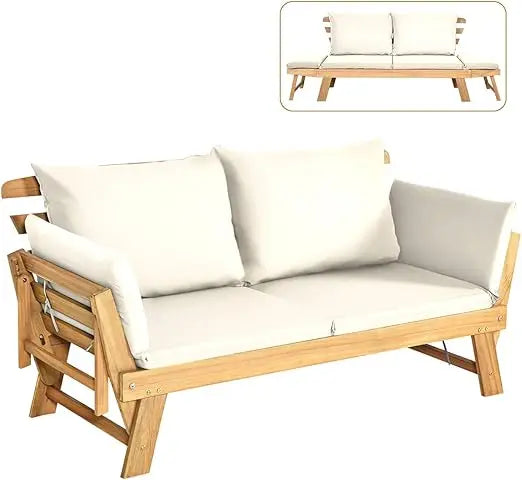 Convertible Acacia Wood Outdoor Sofa Bed With Adjustable Armrest