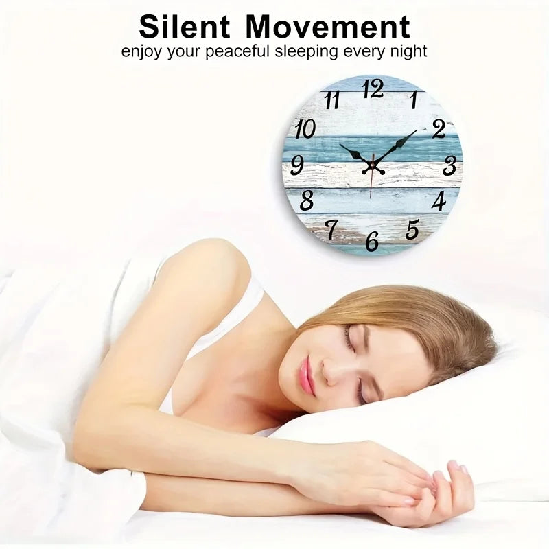 XMSJ Round Wooden Ocean Clock Silent NonTicking Wall Decor