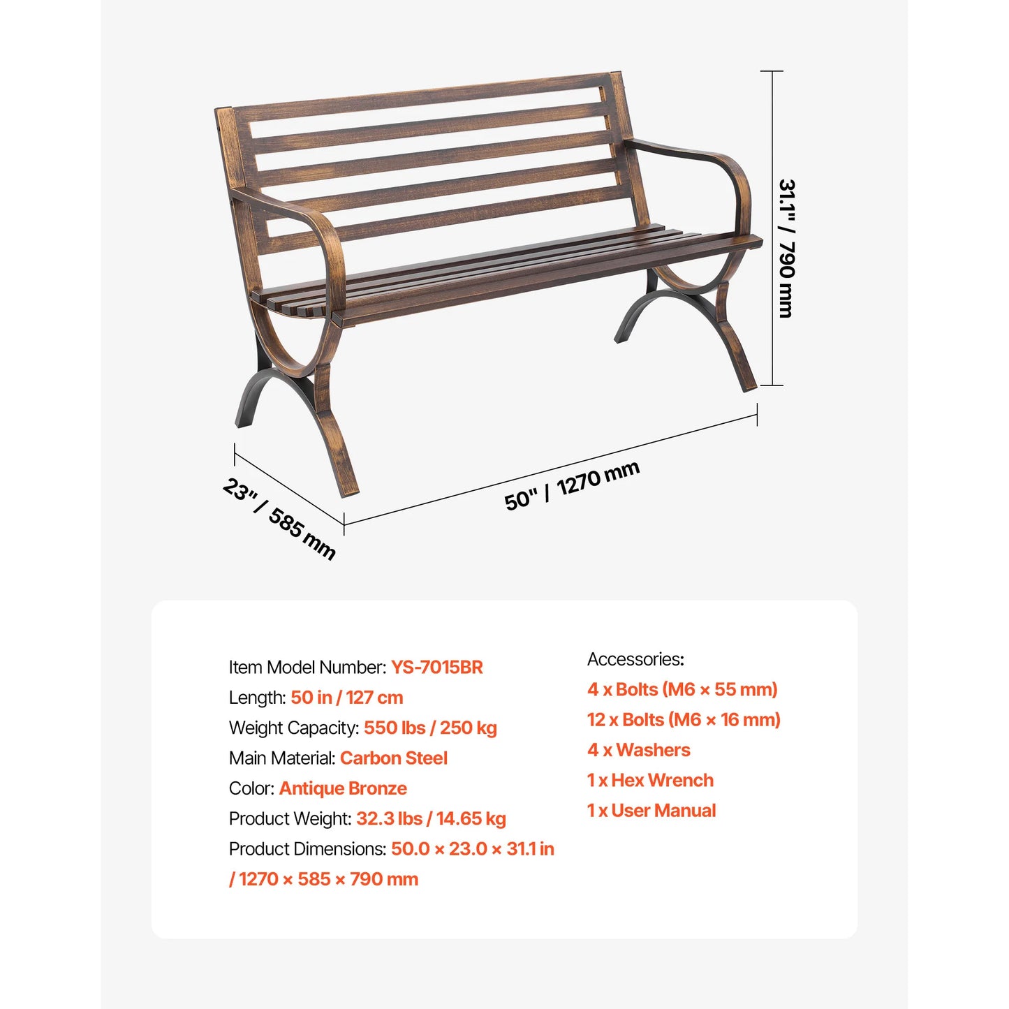 SucceBuy Outdoor Bench Wood Metal Garden Bench Durable