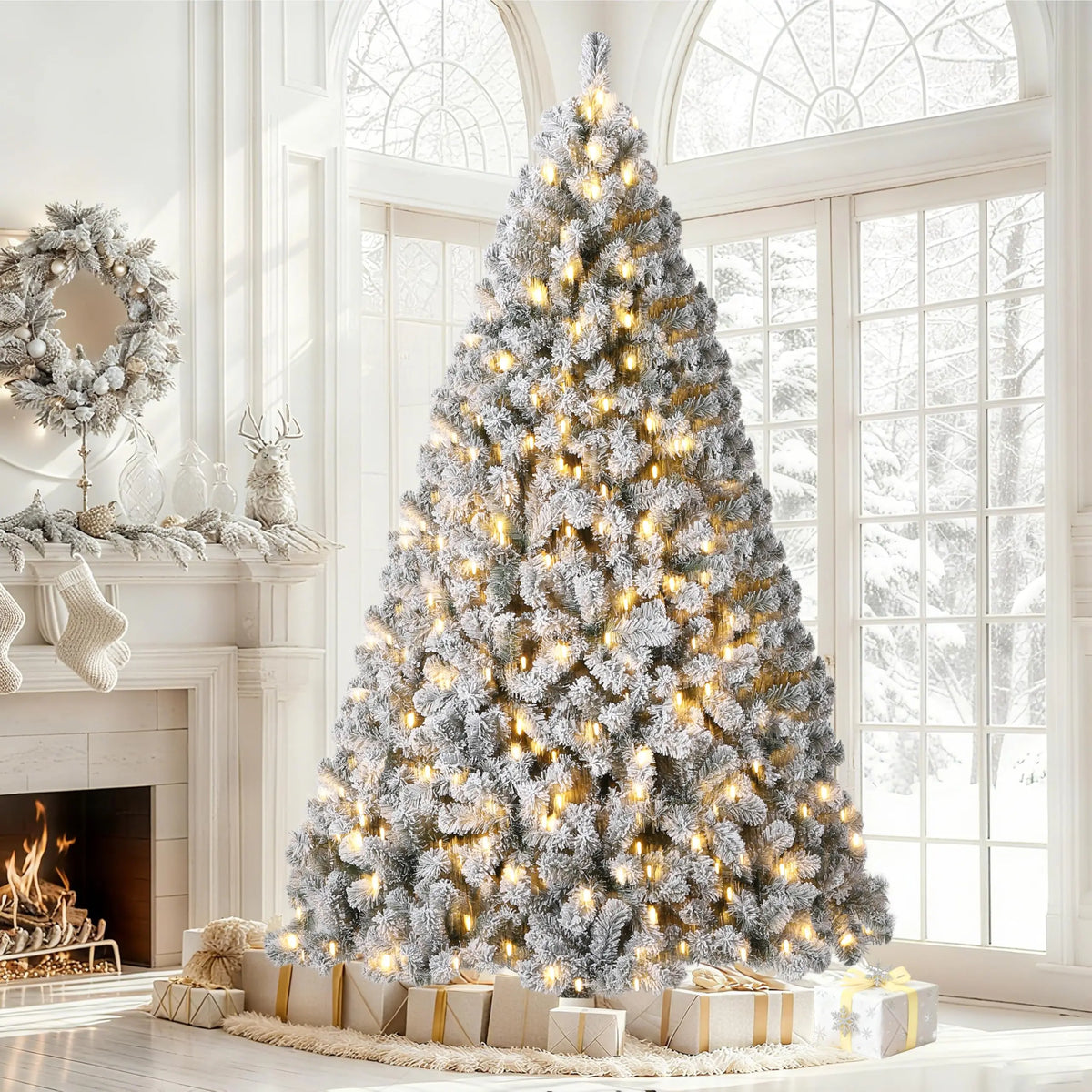 Flocked Prelit Christmas Tree With LED Lights And Metal Stand