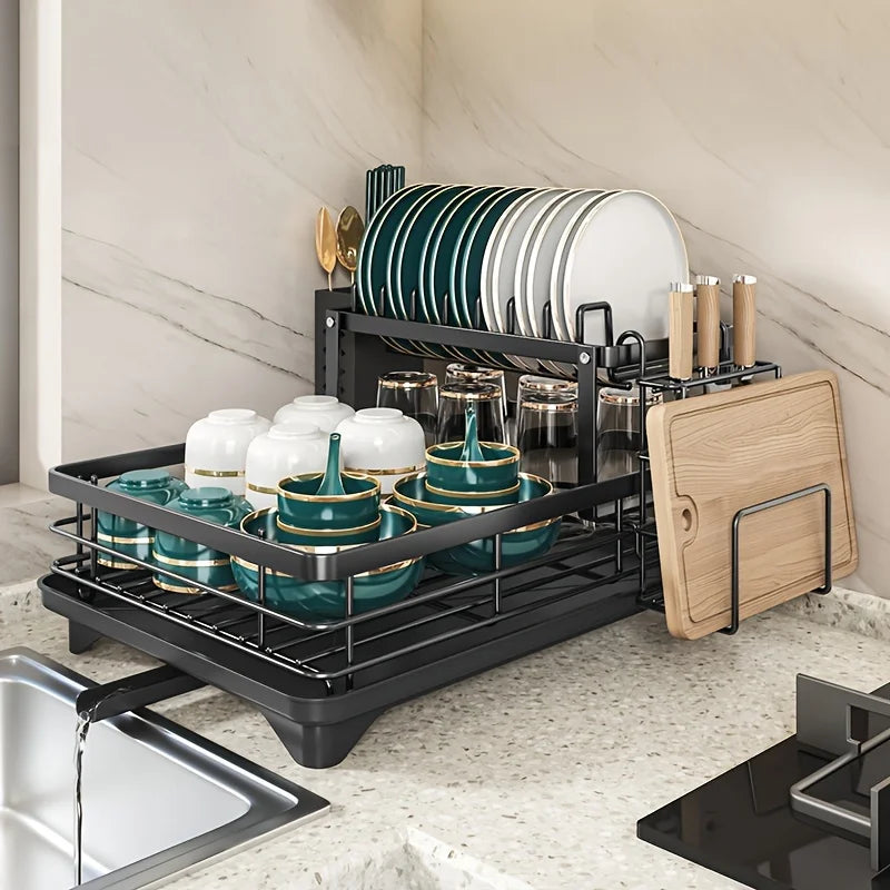 AEHOME Two Tier Expandable Dish Rack With Drainboard And Organizer