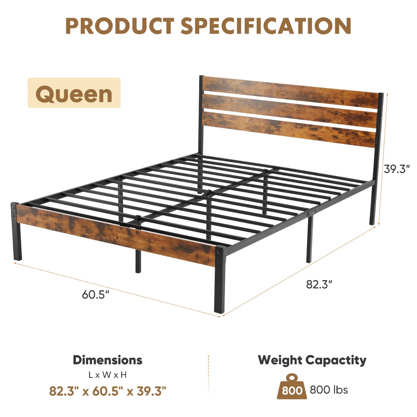 MCQ Wooden Headboard and Metal Platform Bed Frame with Slats