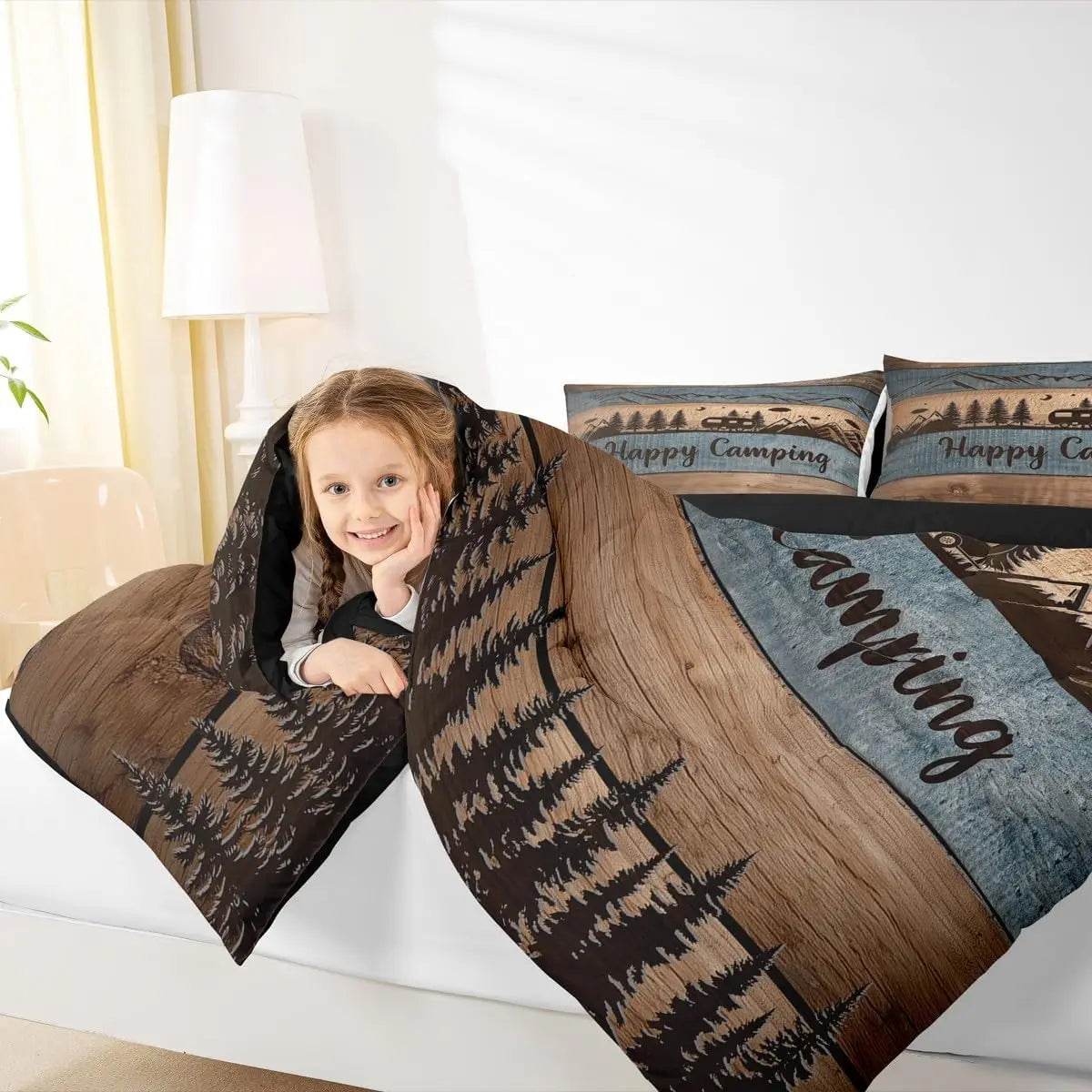 YTYIN Happy Camping Comforter Set With Camper Themed Pillow Cases