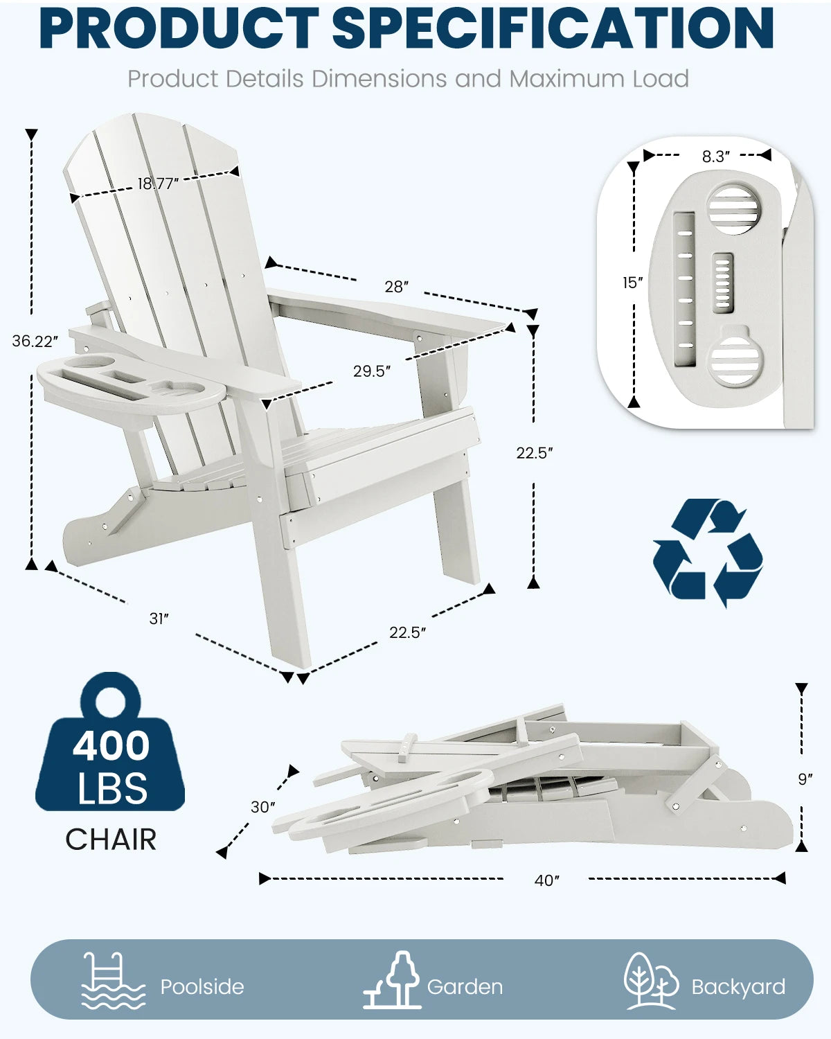 FOOWIN Folding Adirondack Chair Weather Resistant HDPE With Cup Holder