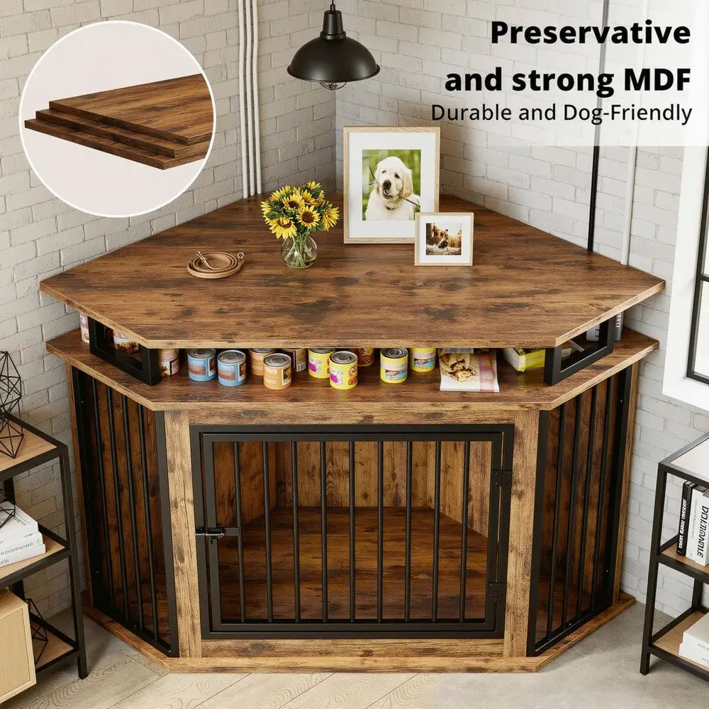 Corner Dog Crate Furniture With Two Tier Shelves For Large Dogs