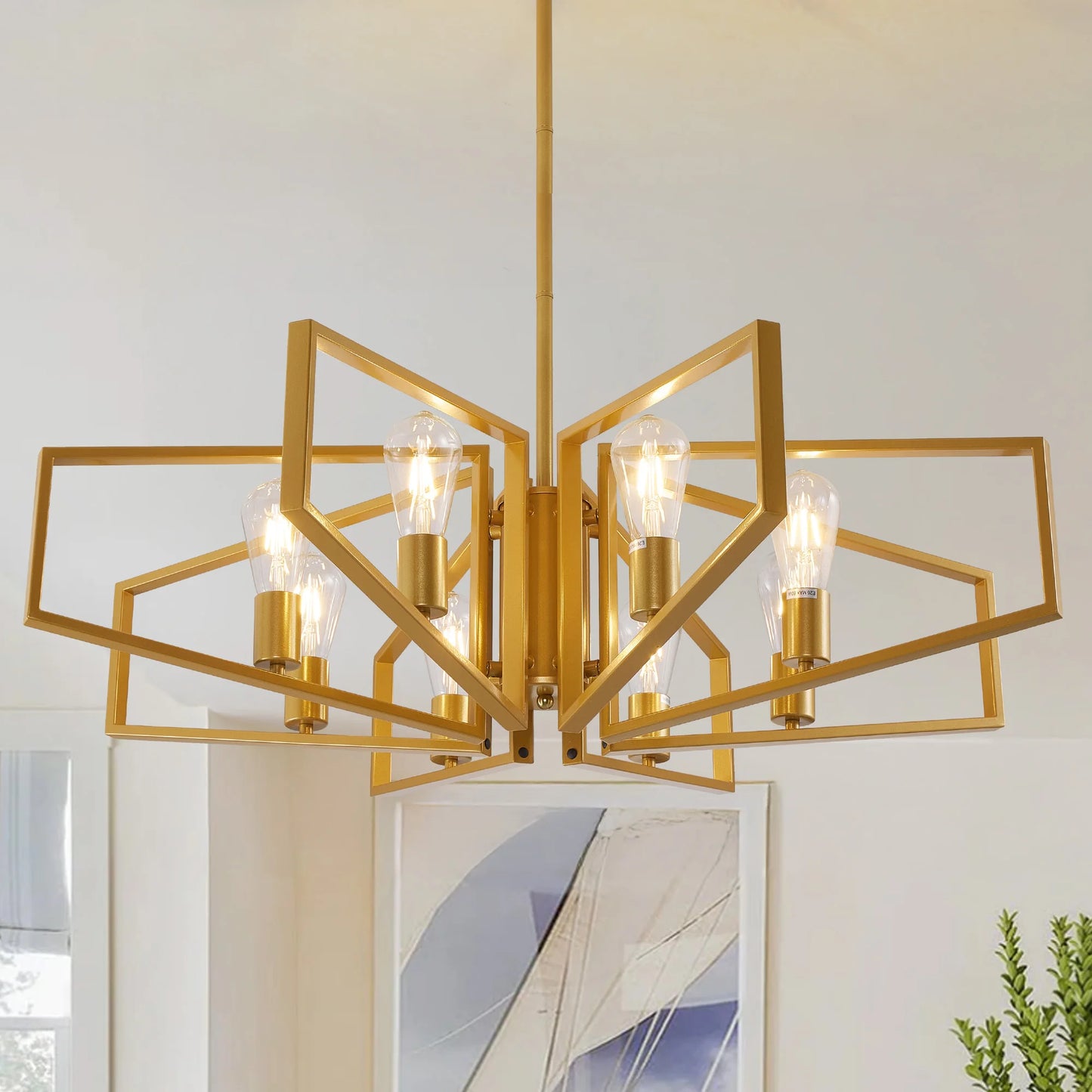 Geometric 8-Light Chandelier With Adjustable Height Metal Pendant