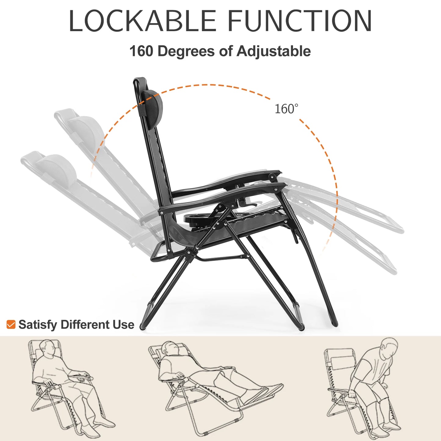 JHK Zero Gravity Portable Recliner With Cup Holders