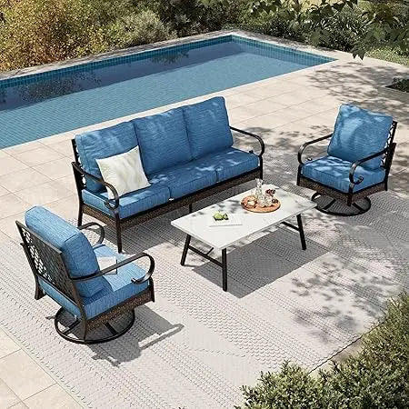 Outdoor 4-Piece Patio Set With Metal And Rattan Rocking Chairs And Marble Table