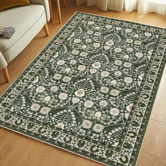 3x5 Boho Area Rug Machine Washable Non Slip Floral Carpet for Living Room Dining Room Laundry Room Dark Green