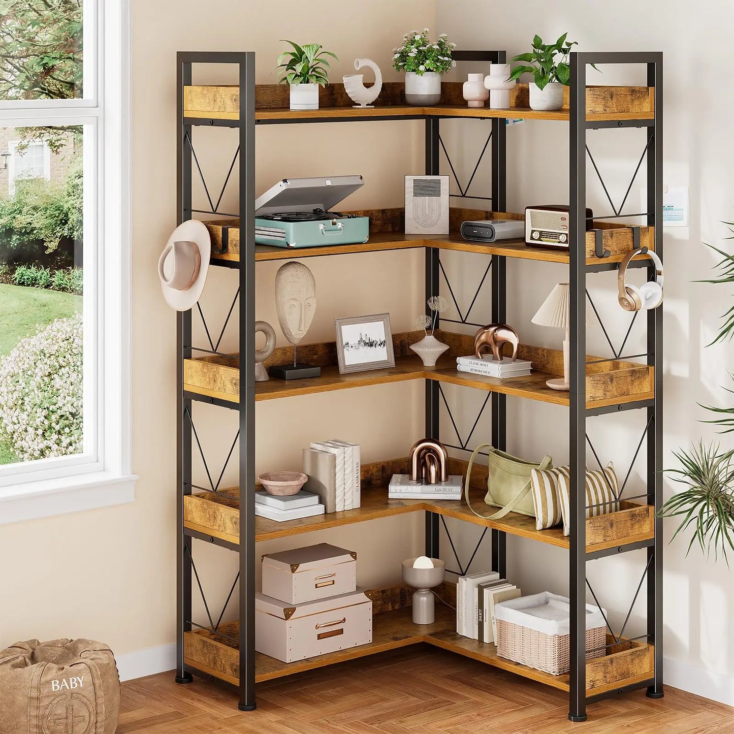JHK Modern Wooden Corner Bookshelf With Metal Frame And Hooks