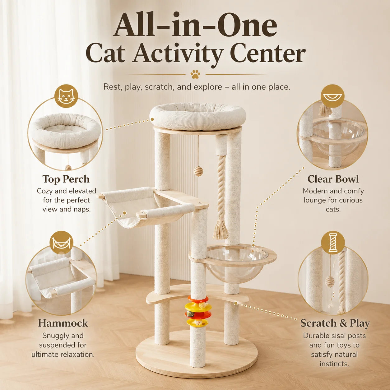 Sturdy Wooden Cat Tree With Space Capsule Hanging Ball Perch