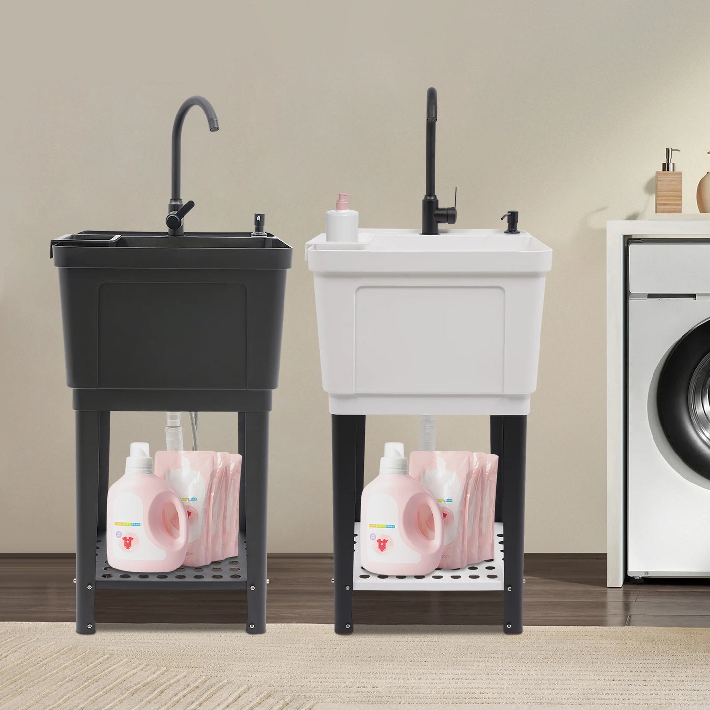 Freestanding Laundry Sink With Soap Dispenser And Storage Rack