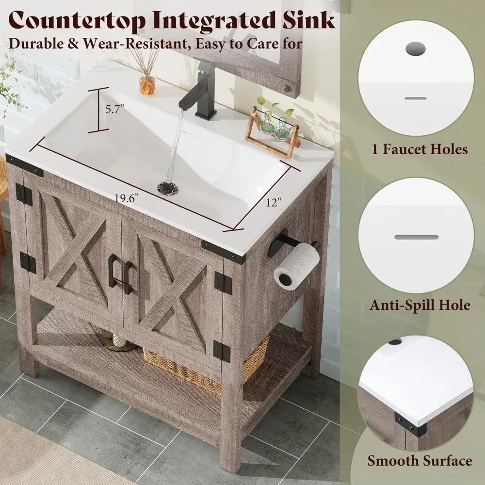 Farmhouse Bathroom Vanity With Sink And Barn Doors Open Shelf