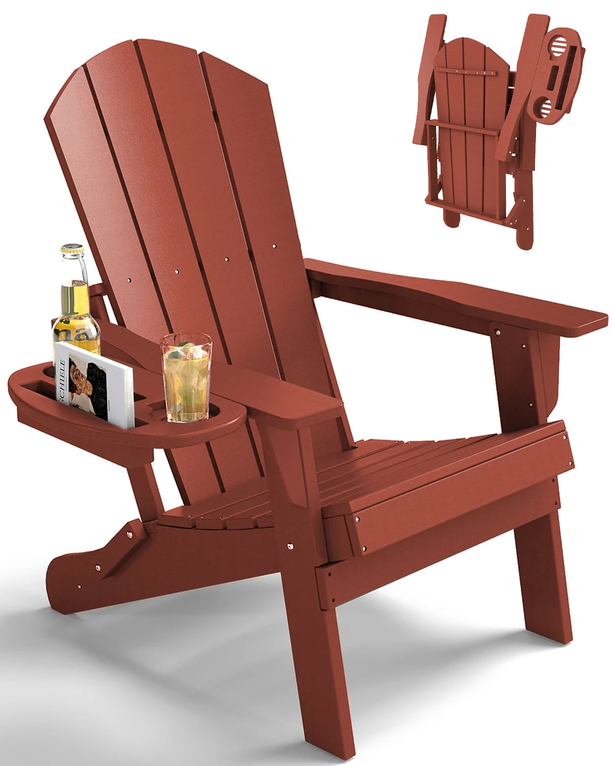 FOOWIN Folding Adirondack Chair Weather Resistant HDPE With Cup Holder