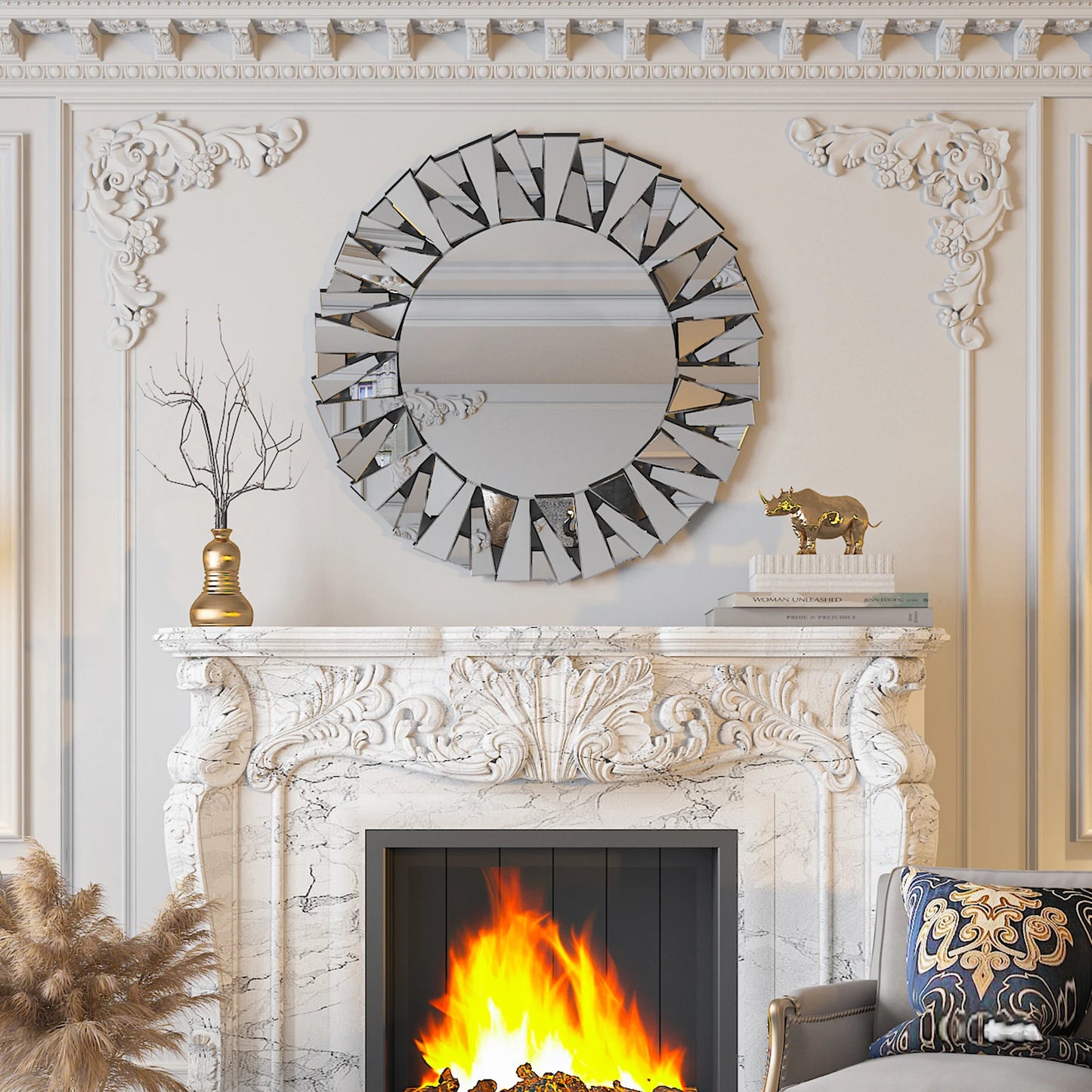 Sunburst Round Wall Mirror With Beveled Glass Wall Decor
