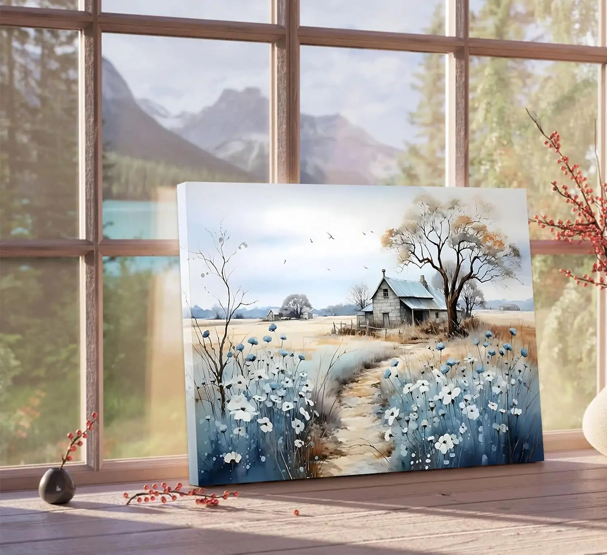 Framed Rustic Farmhouse Canvas Wall Art Wildflowers And Barn Scene