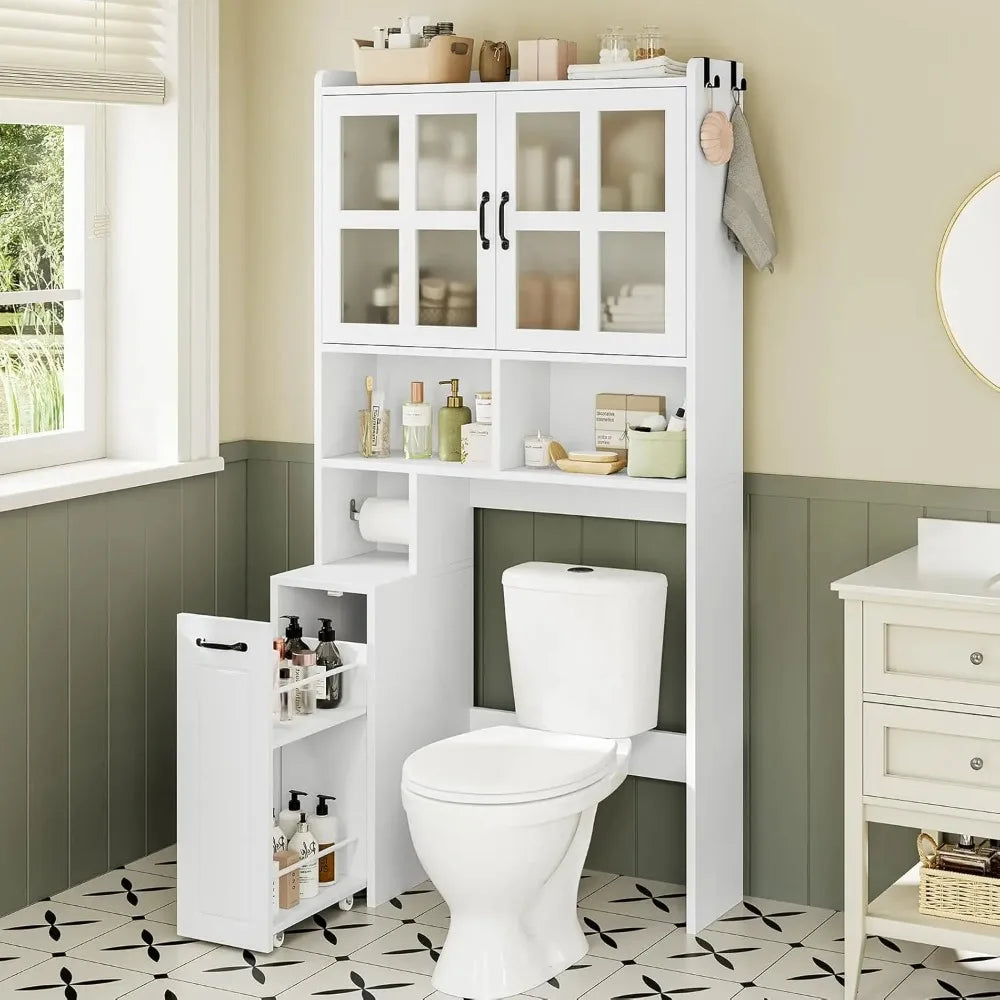 Over Toilet Storage Cabinet With Adjustable Shelves And Glass Doors