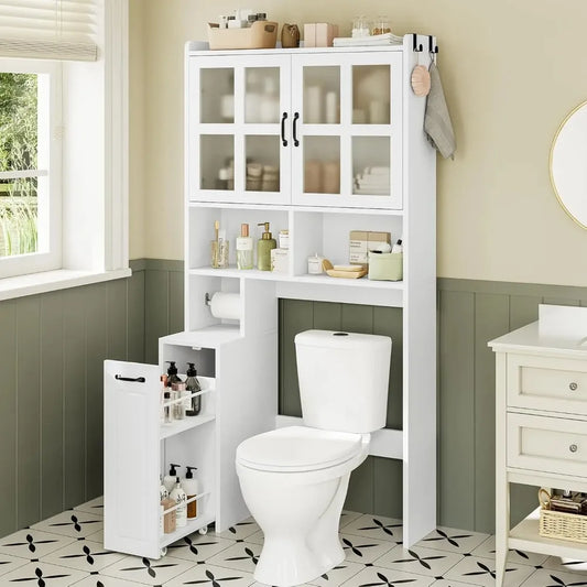 Over Toilet Storage Cabinet With Adjustable Shelves And Glass Doors