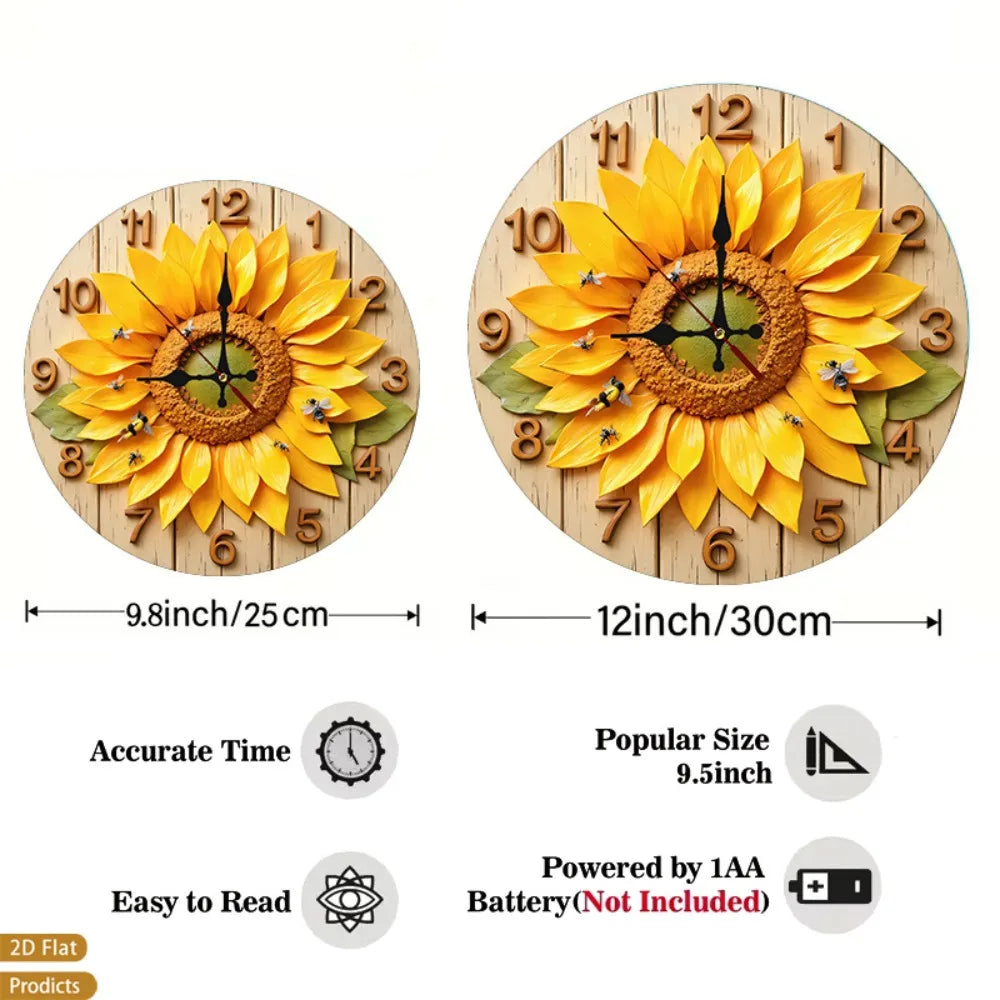 XMSJ 12 Inch Sunflower Bees Wall Clock Silent Decor