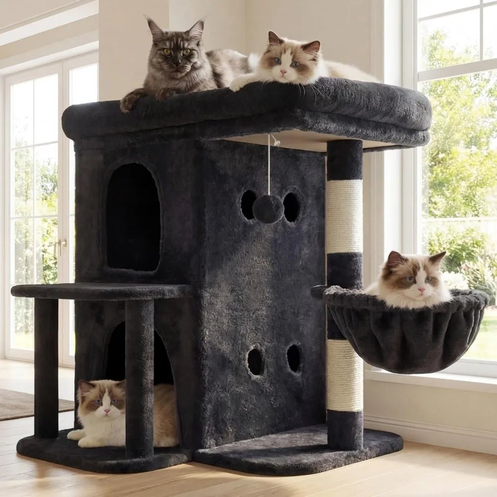 NBVCX Cat Tree With Dual Condos, Sisal Posts, Cozy Basket