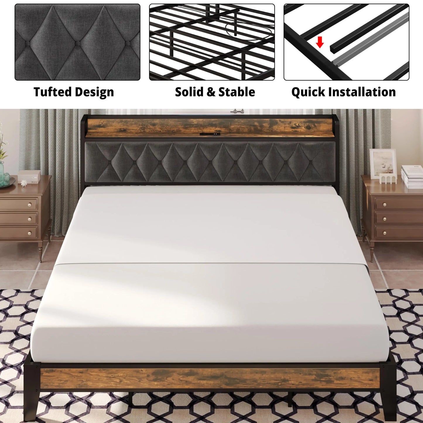 Anctor Bed Frames With Storage Headboard And Outlets No Noise No Box Springs