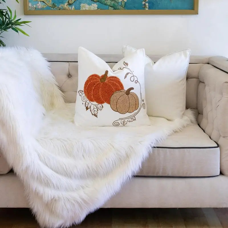 Autumn Harvest Pumpkin Embroidered Cotton Throw Pillow