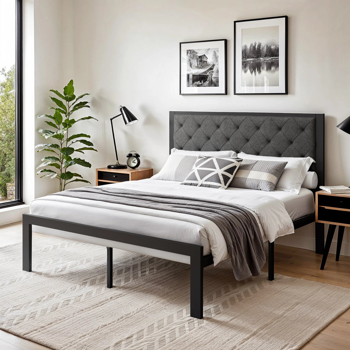 Hoomic Metal Bed Frame With Upholstered Stitched Linen Headboard