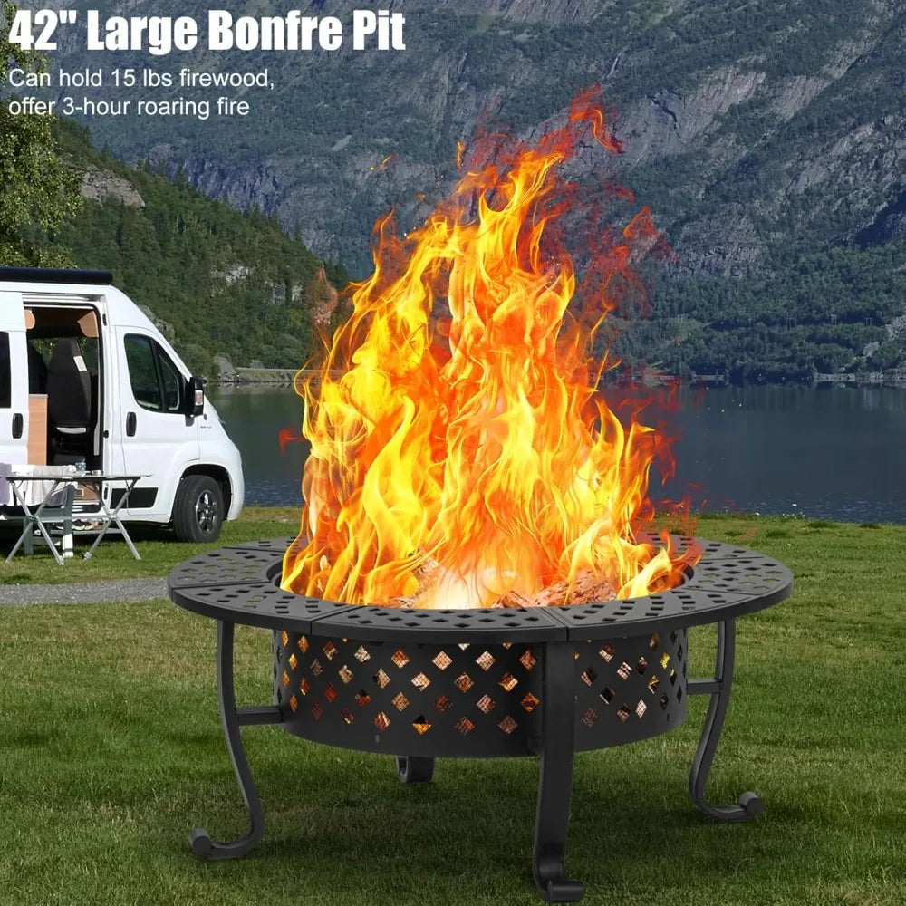 Outdoor Fire Pit With Dual Grills Lid And Poker System