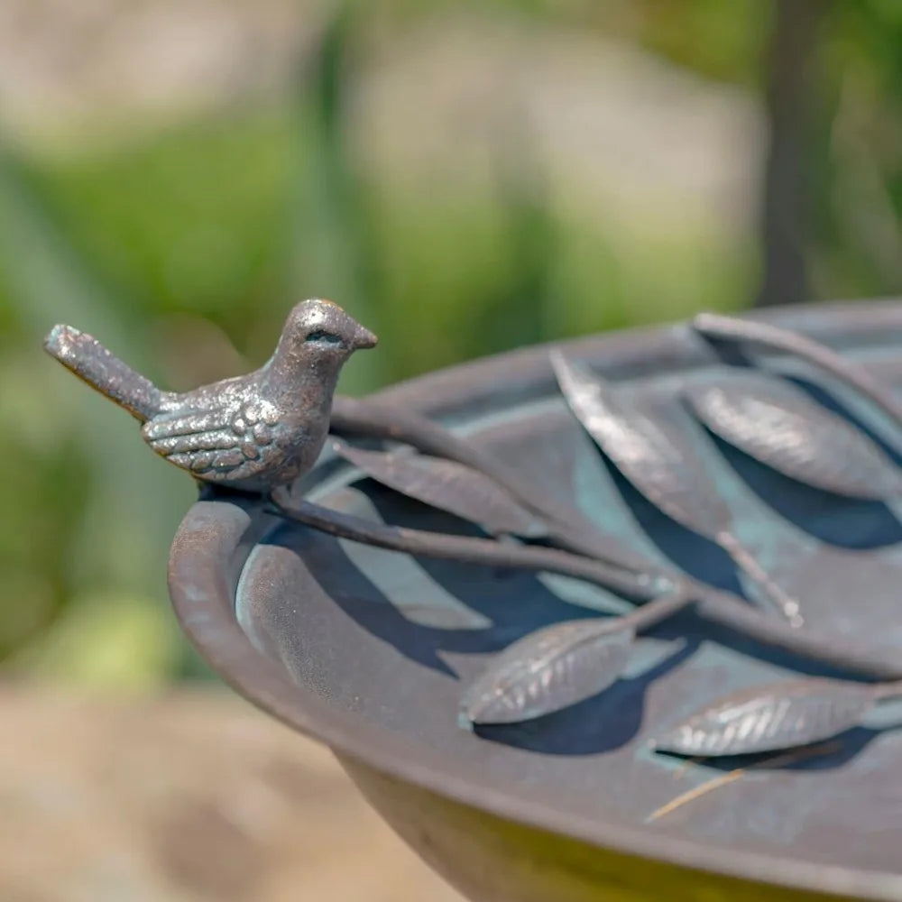 Metal Birdbath With Two Cast Iron Birds And Leaf Decoration