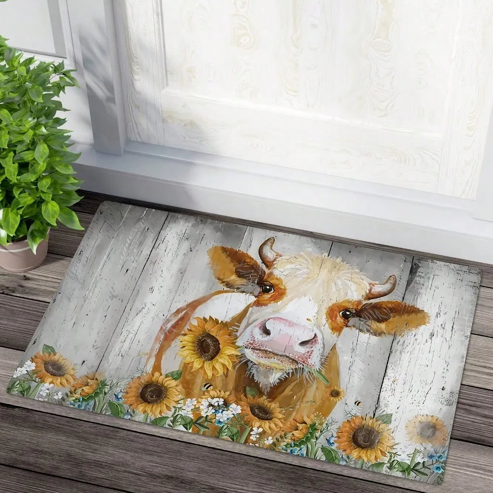 Farmhouse Cow Doormat Sunflower Print Non Slip Absorbent Floor Mat