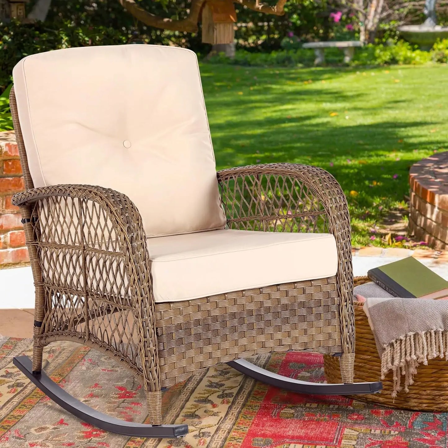 All Weather Wicker Rocking Chair For Garden High Back Outdoor Patio