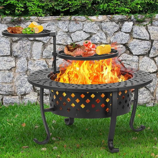 P Wood Burning Fire Pit With Grills And Lid