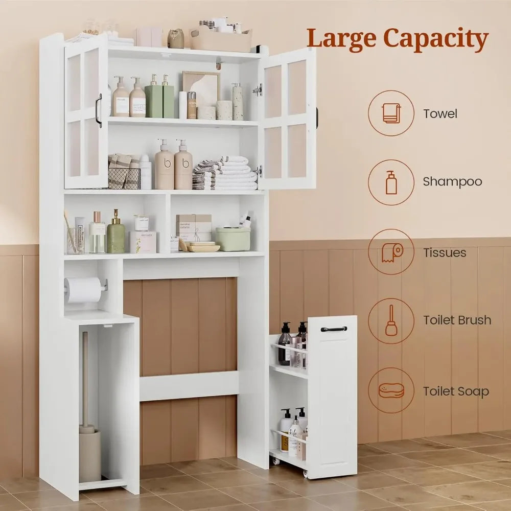 Over Toilet Storage Cabinet With Adjustable Shelves And Glass Doors
