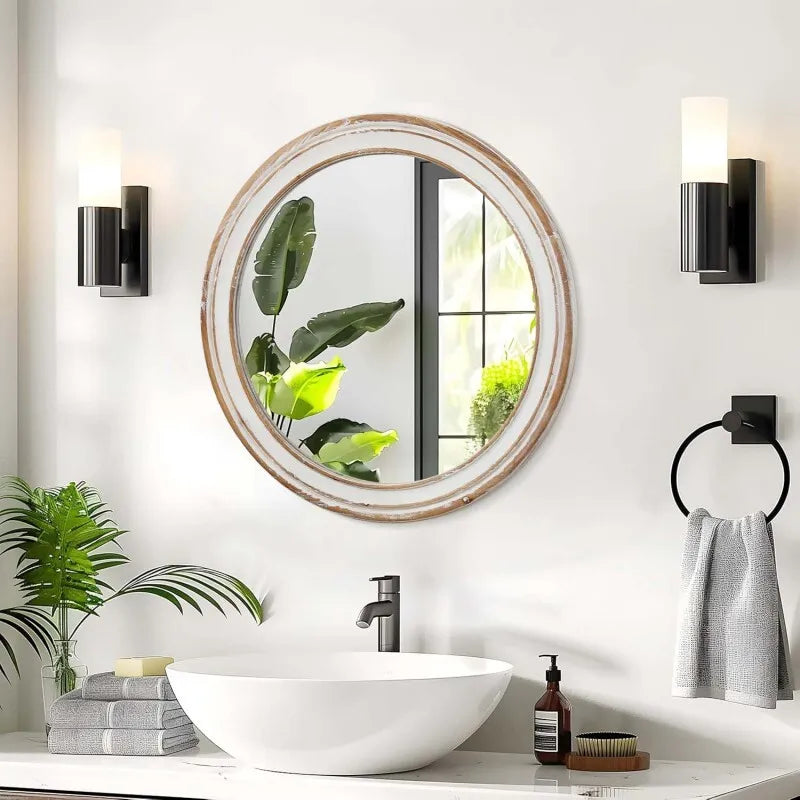 Round Wall Mirror Farmhouse Wood Circle For Bathroom And Hallway