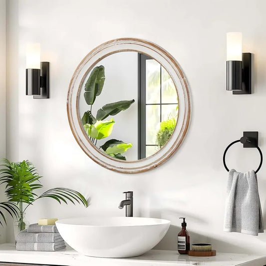 Round Wall Mirror Farmhouse Wood Circle For Bathroom And Hallway