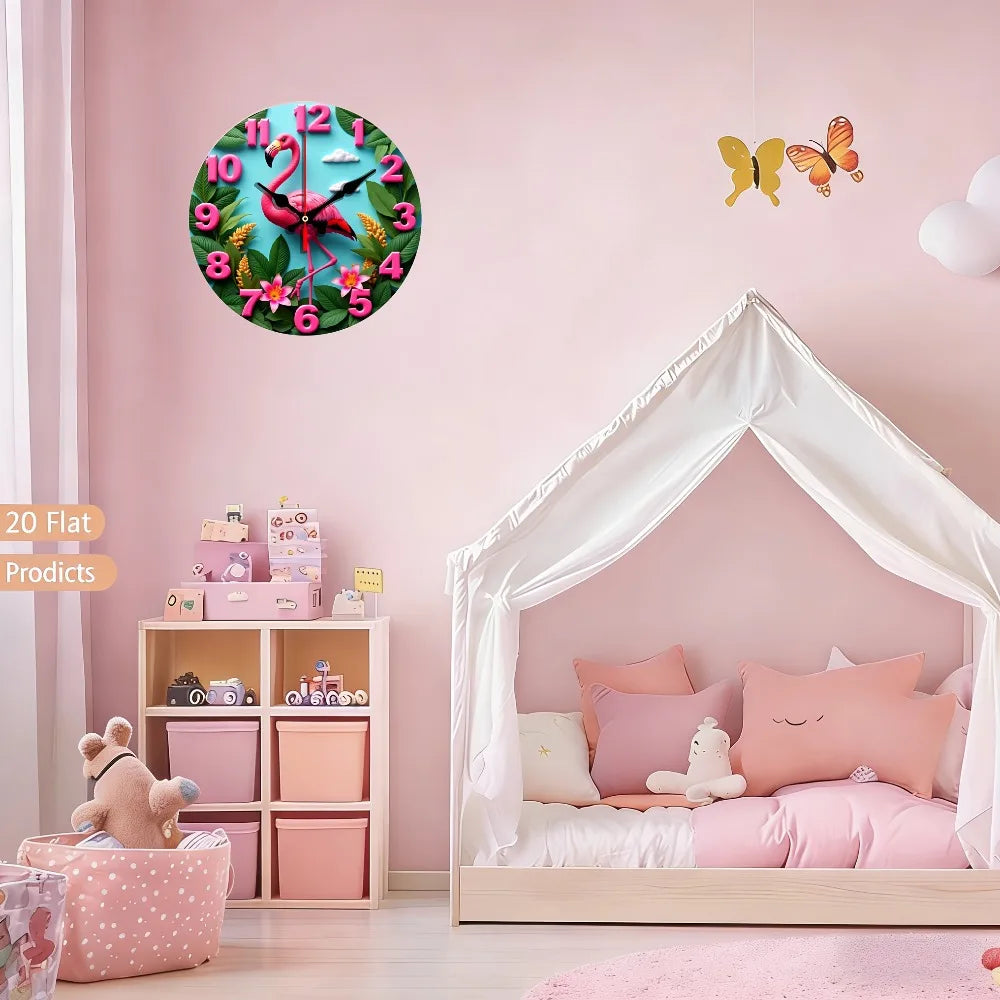 XMSJ Nursery Wall Clock Flamingo Tropical Garden Decor