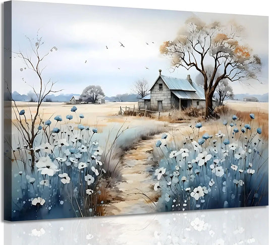 Framed Rustic Farmhouse Canvas Wall Art Wildflowers And Barn Scene