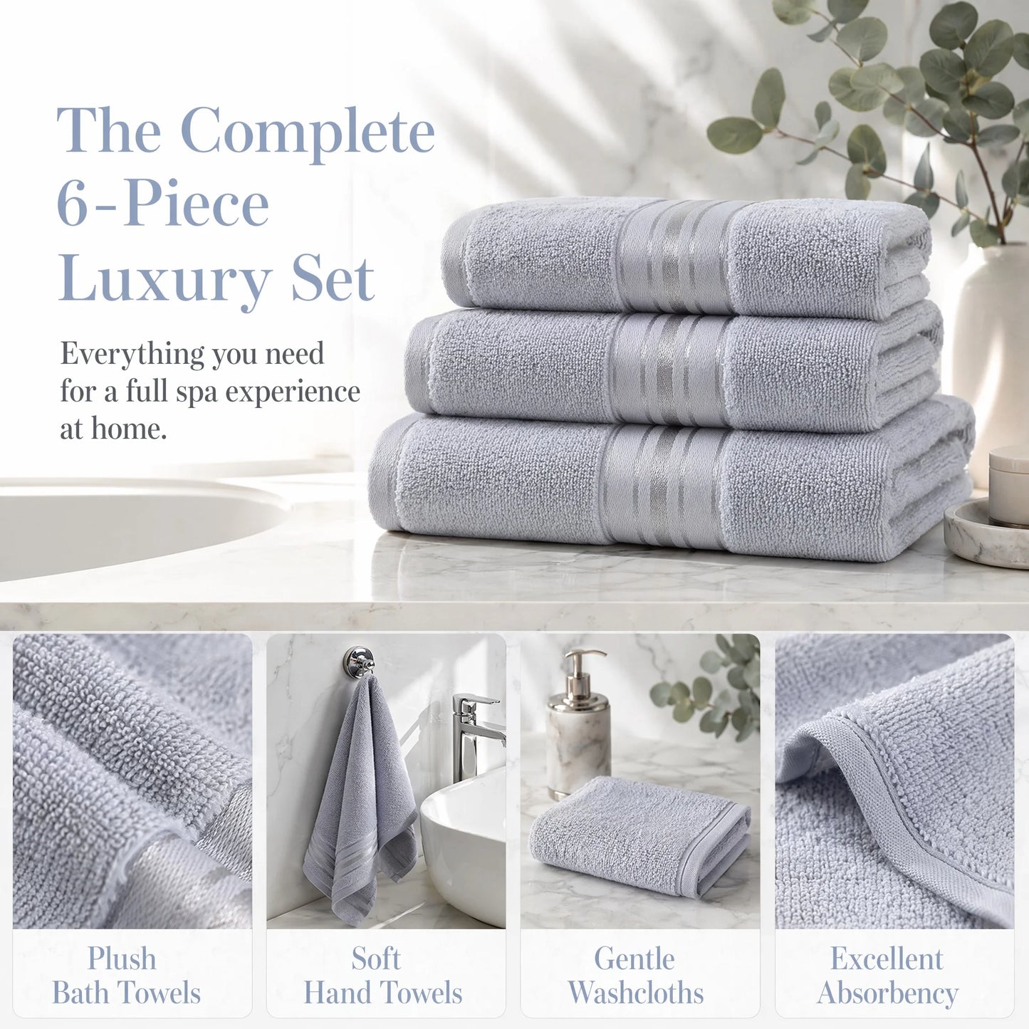 Luxury 6 Piece Turkish Towel Set 600 GSM 100% Cotton Bath Towels